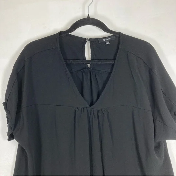Madewell Blouse Women’s Viscose Shirred Black V-Neck Short Sleeve Back Keyhole M - Picture 4 of 10